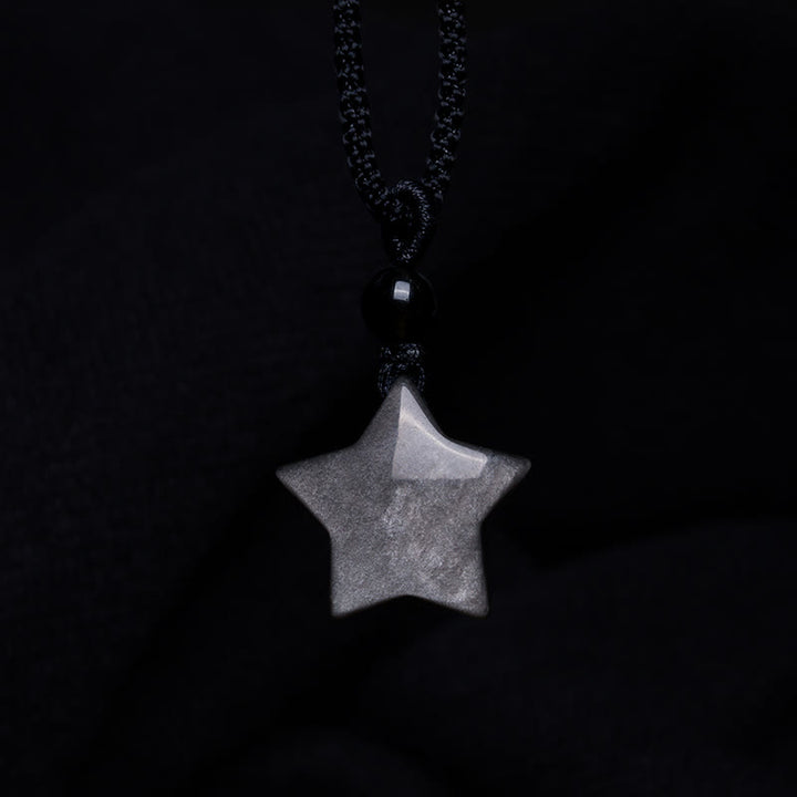 Buddha Stones Natural Silver Sheen Obsidian Star Crescent Moon Protection Necklace Pendant - image 3