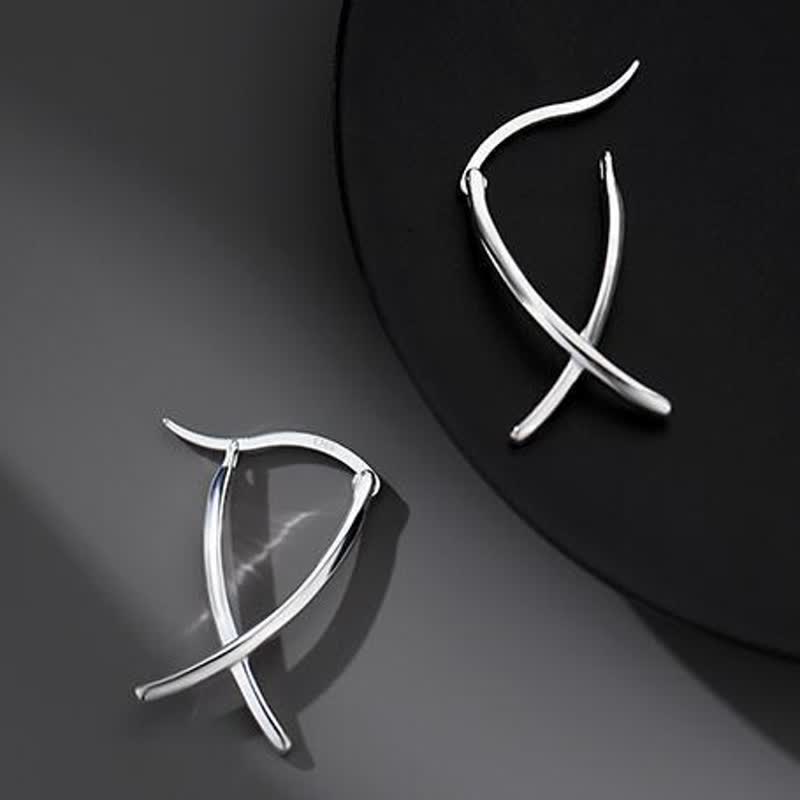 Geometric Cross Design Luck Hoop Earrings - Silver - image 0
