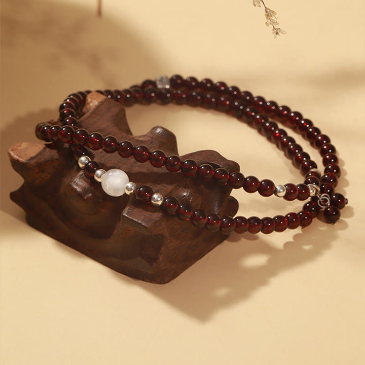 Buddha Stones 925 Sterling Silver Natural Garnet Cat Eye Protection Triple Wrap Bracelet - image 1