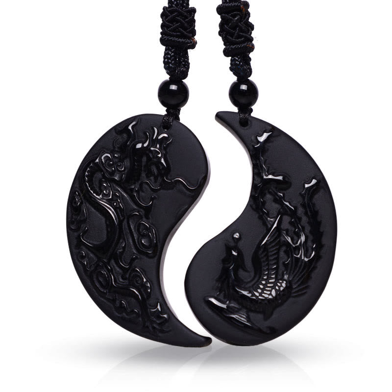 Buddha Stones Black Obsidian Yin Yang Dragon Phoenix Luck Necklace Pendant - image 0