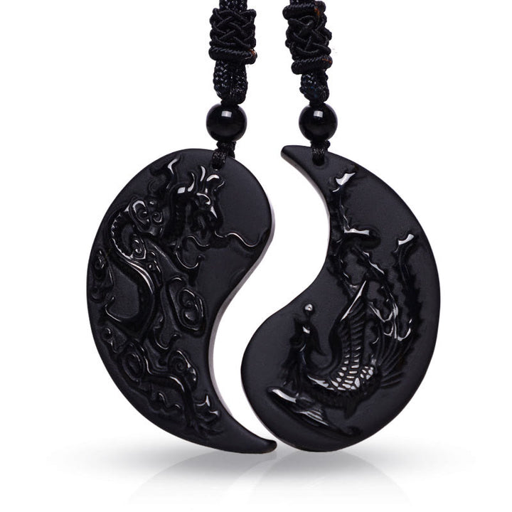 Buddha Stones Black Obsidian Yin Yang Dragon Phoenix Luck Necklace Pendant - image 0