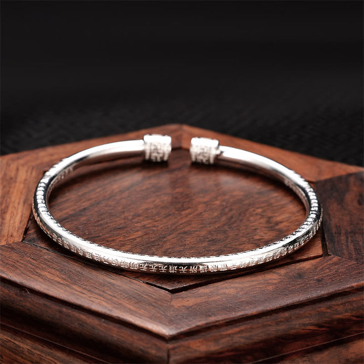 Buddha Stones Heart Sutra Engraved Swastika Pattern Luck White Copper Bracelet Bangle - Heart Sutra Bangle - image 0