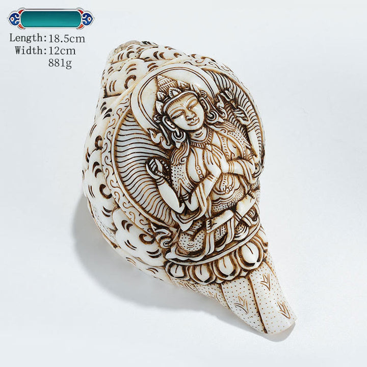 Tibetan Handmade Engraved Shankha Buddha Avalokitesvara Conch Shell Wealth Decoration - Four-armed Avalokitesvara 18.5*12cm - image 29
