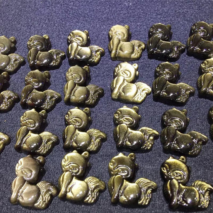 Buddha Stones Natural Rainbow Obsidian Gold Sheen Obsidian Nine Tailed Fox Positive Necklace Pendant - image 15