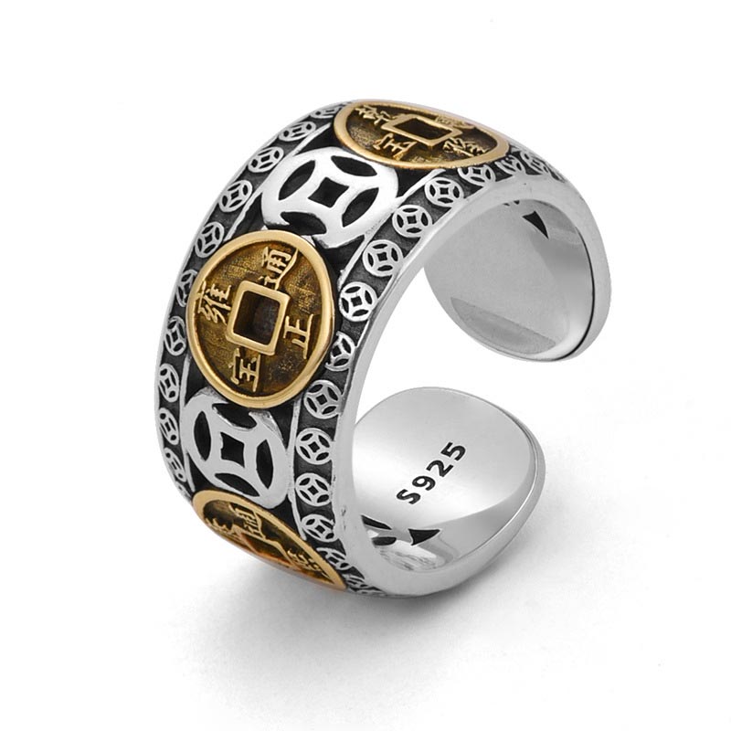 Buddha Stones Five-Emperor Coins Balance Adjustable Ring - 925 Sterling Silver - image 0