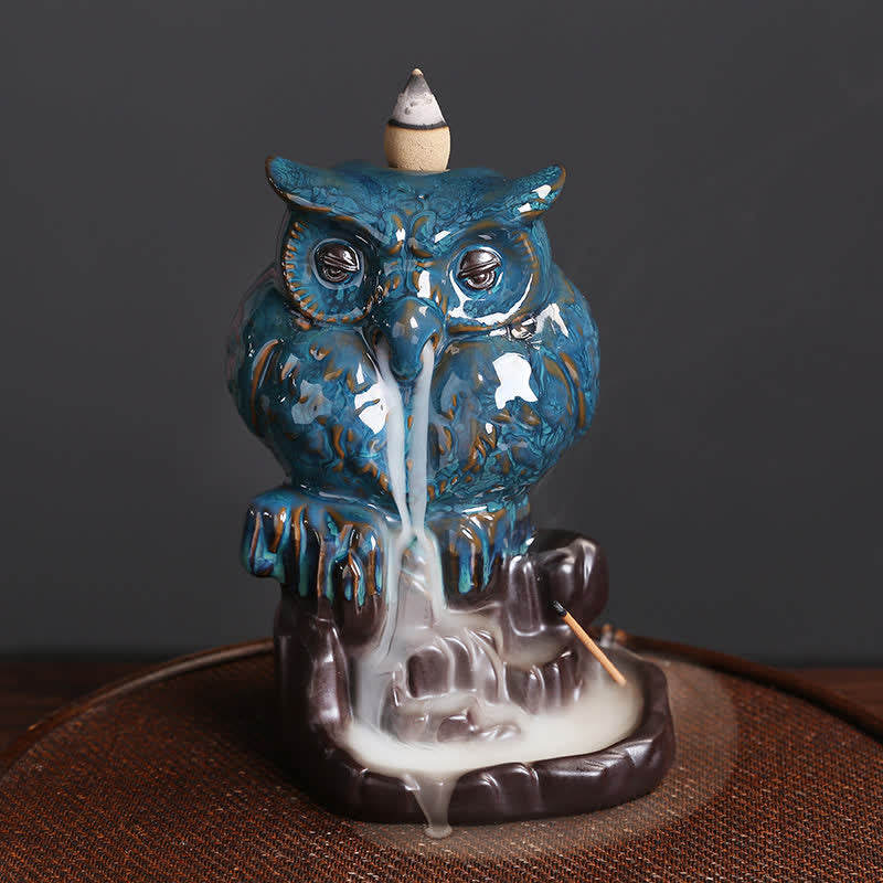 Buddha Stones Cute Owl Ceramic Backflow Smoke Fountain Meditation Healing Incense Burner Decoration - image 1