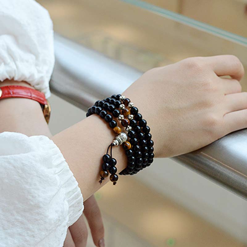 Buddha Stones Black Obsidian Tiger Eye Blessing Mala Bracelet - image 2