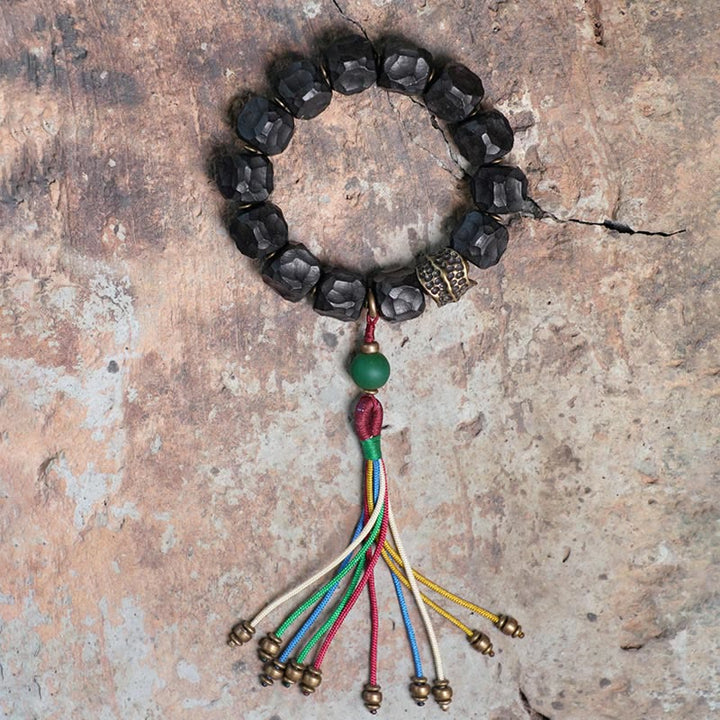Buddha Stones Tibet Ebony Wood Copper Peace Tassel Wrist Mala Bracelet - image 11