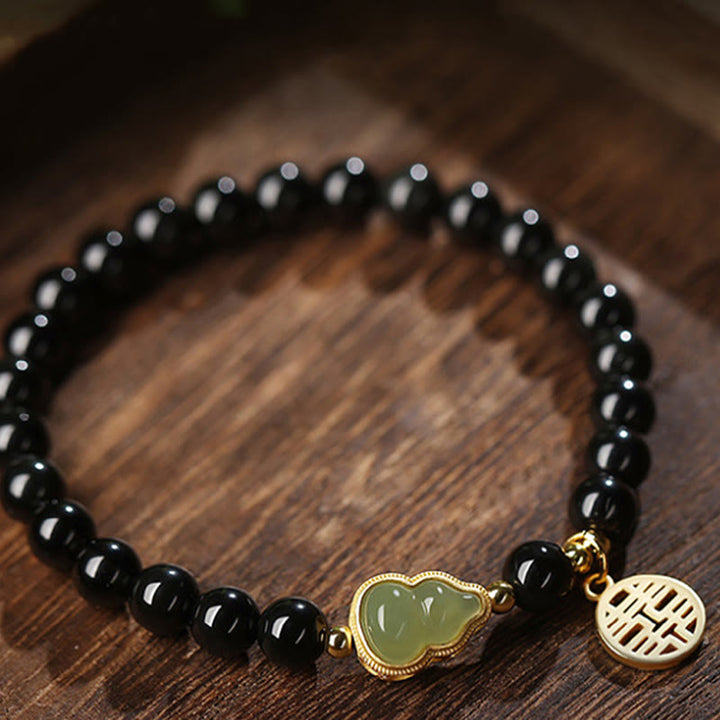 Buddha Stones Natural Black Obsidian Hetian Jade Gourd Double Happiness Strength Bracelet - image 4