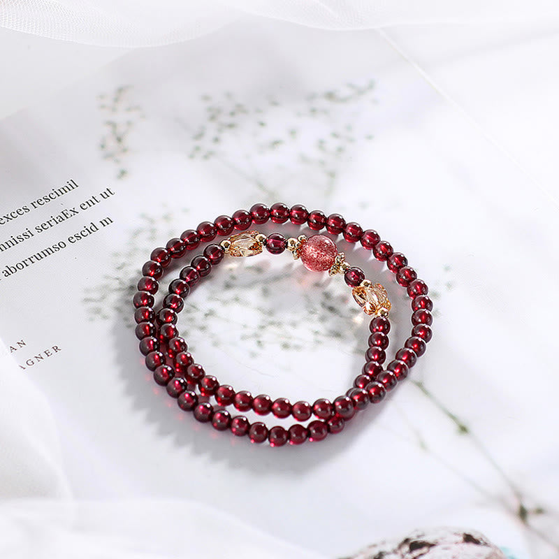 Buddha Stones 14K Gold Plated Natural Garnet Strawberry Quartz Butterfly Protection Double Wrap Bracelet - image 3