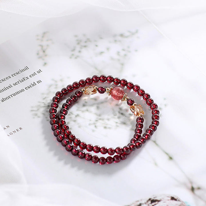 Buddha Stones 14K Gold Plated Natural Garnet Strawberry Quartz Butterfly Protection Double Wrap Bracelet - image 3