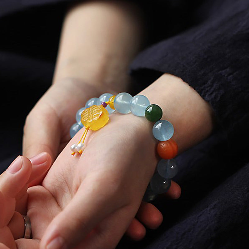 Buddha Stones Natural Aquamarine Amber Chinese Knotting Charm Peace Bracelet - image 2