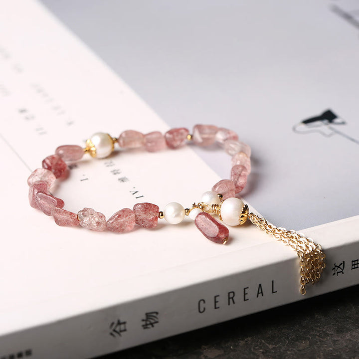 Buddha Stones Natural Strawberry Quartz Pearl 14k Gold Plated Love Healing Bracelet - image 4