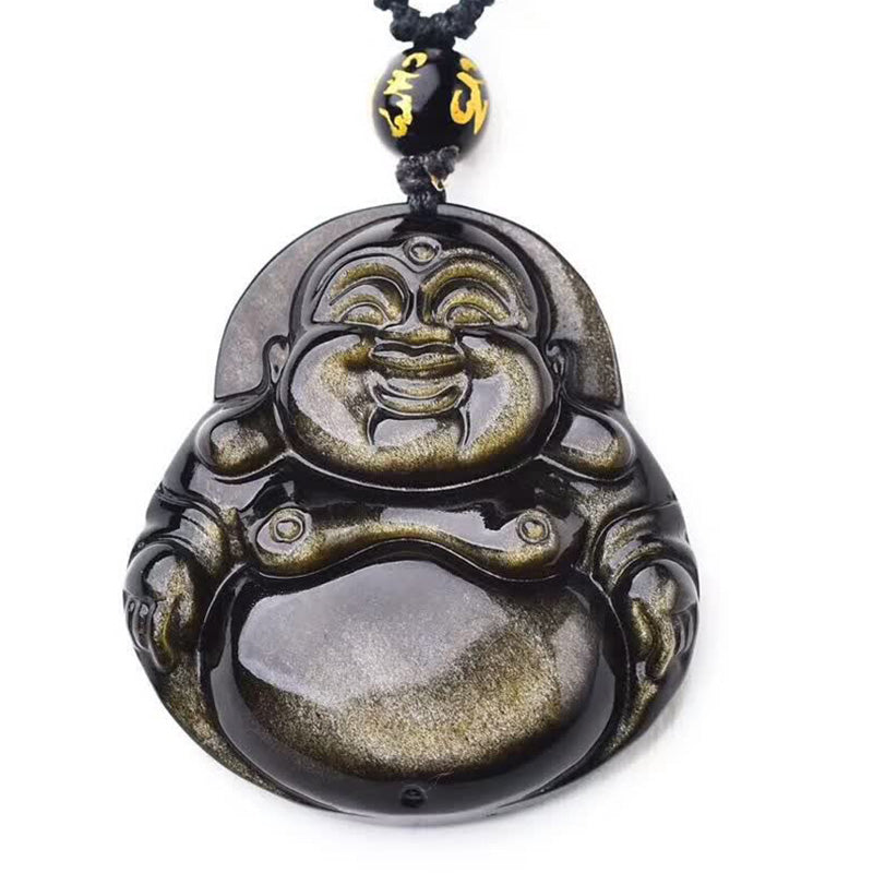 Buddha Stones Laughing Buddha Gold Sheen Obsidian Wealth Necklace Pendant - image 6