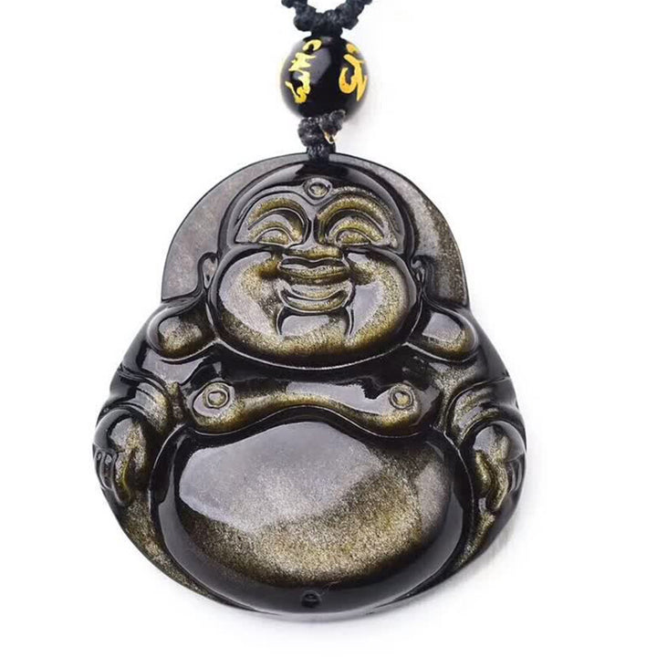 Buddha Stones Laughing Buddha Gold Sheen Obsidian Wealth Necklace Pendant - image 6