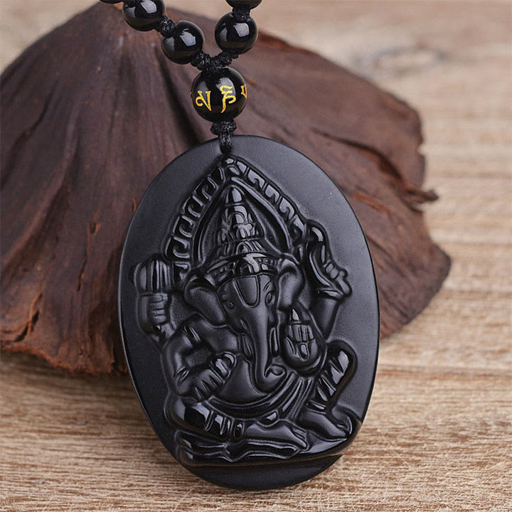 Buddha Stones Tibetan Obsidian Ganesh Ganpati Elephant Wealth Amulet Necklace - image 4