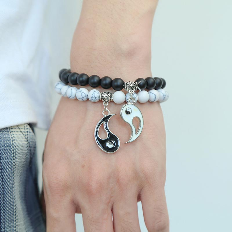Buddha Stones 2pcs Natural Black Onyx White Turquoise Bead Yin Yang Couple Bracelet - image 3