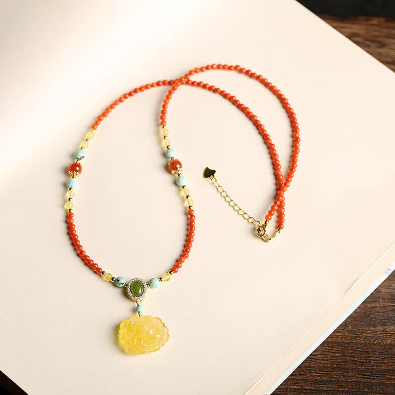 925 Sterling Silver Natural Red Agate Amber Peony Confidence Charm Necklace Pendant - image 2