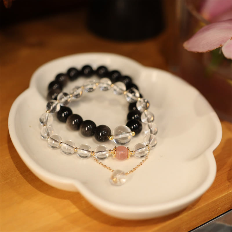 Buddha Stones Natural Silver Sheen Obsidian Pink Crystal White Crystal Protection Yin Yang Color Couple Bracelet - image 1