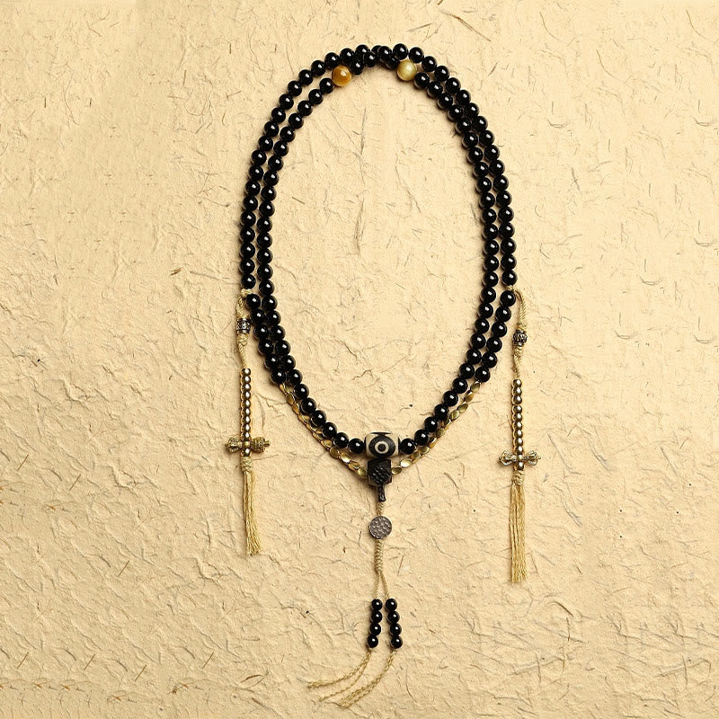 Buddha Stones Tibetan 108 Mala Beads Black Onyx Three-eyed Dzi Beads Protection Bracelet - image 2