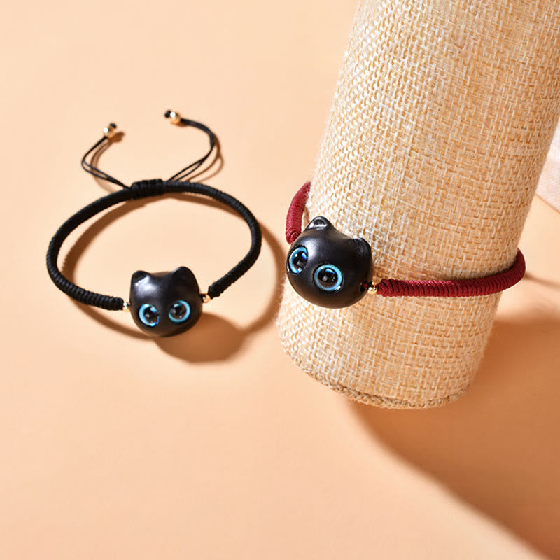 Buddha Stones Ebony Wood Cat Head Pattern Peace King Kong Knot Braided Bracelet - image 21