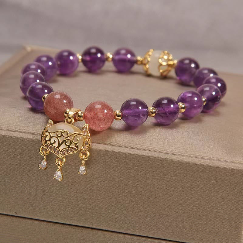 Buddha Stones Natural Amethyst Strawberry Quartz Cat Eye Chinese Lock Charm Healing Bracelet - image 3