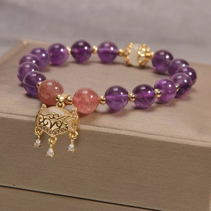 Buddha Stones Natural Amethyst Strawberry Quartz Cat Eye Chinese Lock Charm Healing Bracelet - image 3