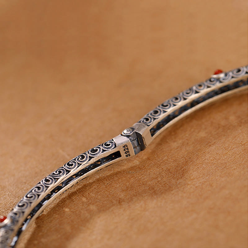 Vintage Tang Dynasty Flower Design Engraved Red Agate Copper Luck Bracelet Bangle - image 12