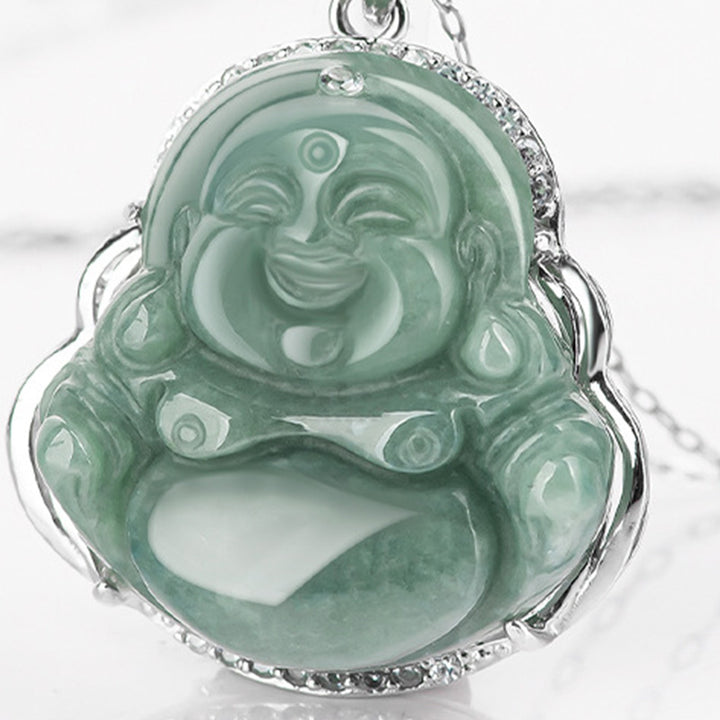Buddha Stones Laughing Buddha Jade Abundance Necklace Titanium Steel Chain Pendant - image 5