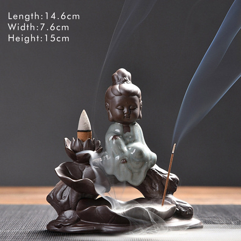 Buddha Stones Little Monk Ceramic Lotus Blessing Incense Burner Decoration - Little Avalokitesvara - image 9