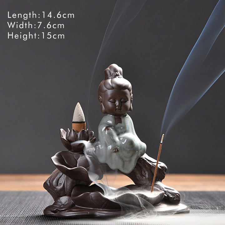 Buddha Stones Little Monk Ceramic Lotus Blessing Incense Burner Decoration - Little Avalokitesvara - image 9