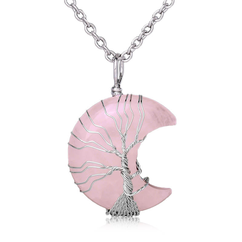 Buddha Stones Natural Quartz Crystal Moon Tree Of Life Healing Energy Necklace Pendant - Rose Quartz - image 6