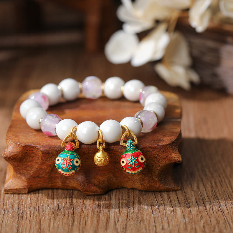 Buddha Stones Gold Swallowing Beast Family Charm Liuli Glass Colorful Porcelain Bead Luck Bracelet - Gold Swallowing Beast Family&Pink Love Heart - image 4