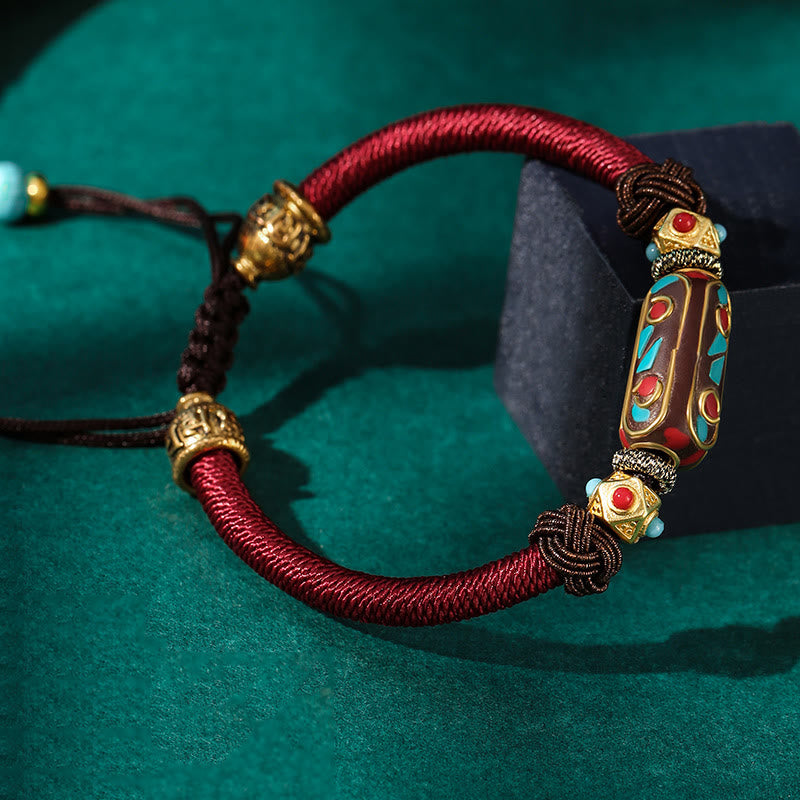 Buddha Stones Handmade Tibetan Turquoise Om Mani Padme Hum Strength Braided Bracelet - Dark Red(Bracelet Size 15+10cm) - image 2