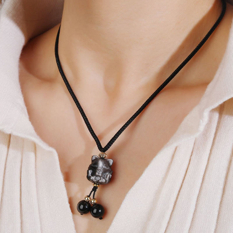 Buddha Stones Natural Silver Sheen Obsidian Nine Tailed Fox Protection Necklace Pendant - image 3