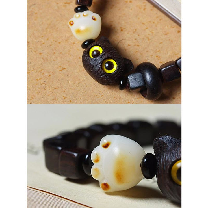Buddha Stones Ebony Wood Cute Cat Bodhi Seed Paw Claw Square Beads Calm Bracelet - image 5