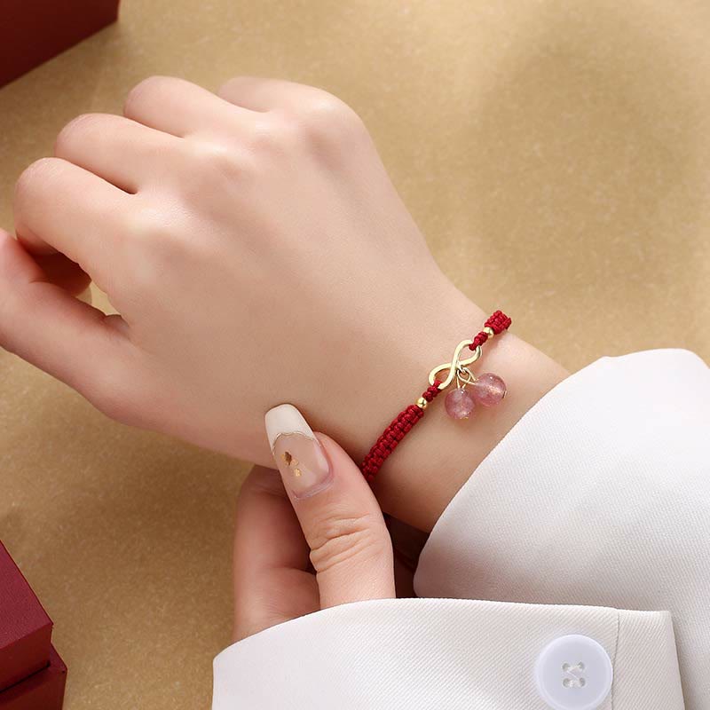Buddha Stones Strawberry Quartz Crystal Endless Knot Love Healing Red String Weave Bracelet - image 3