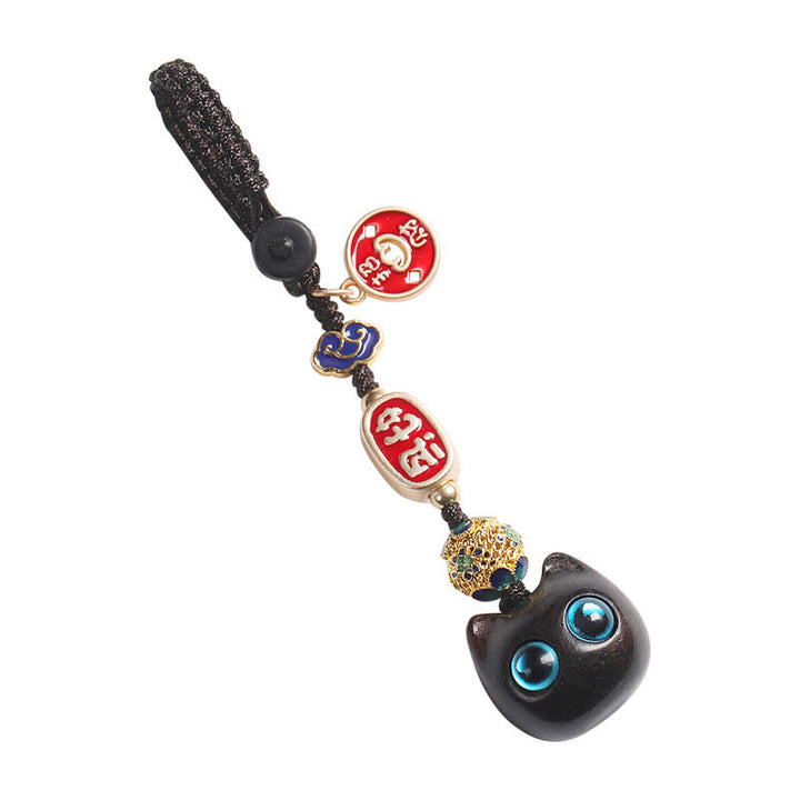 Buddha Stones Ebony Wood Lucky Cat Auspicious Cloud Peace Key Chain Phone Hanging Decoration - image 17