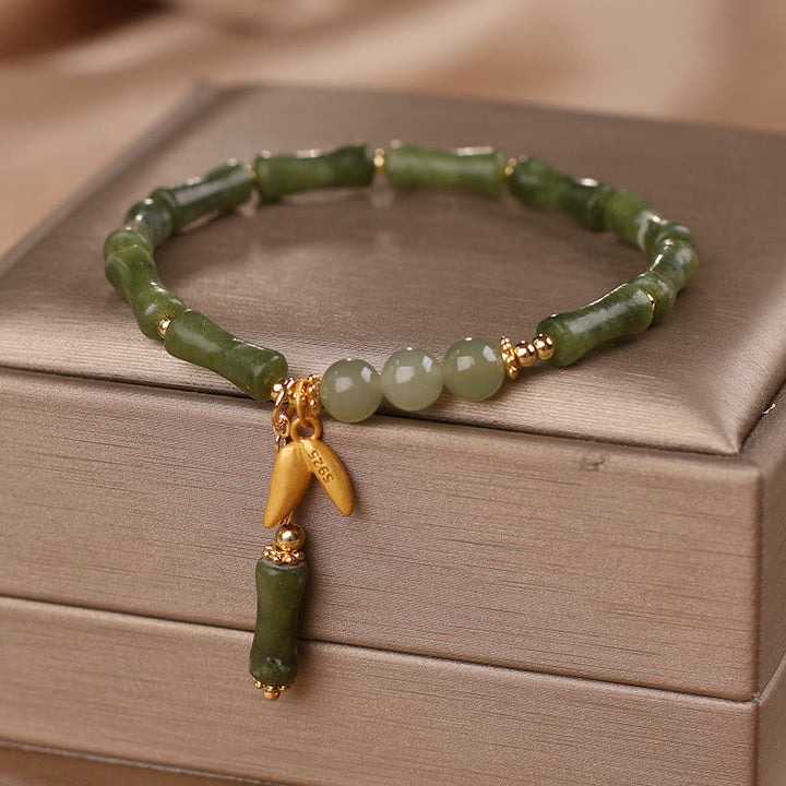 Buddha Stones Green Bamboo Jade Leaf Pattern Wealth Luck Bracelet - image 5