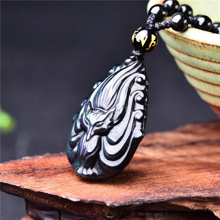 Buddha Stones Natural Rainbow Obsidian Nine Tailed Fox Inner Peace Necklace Beaded String Pendant - image 2