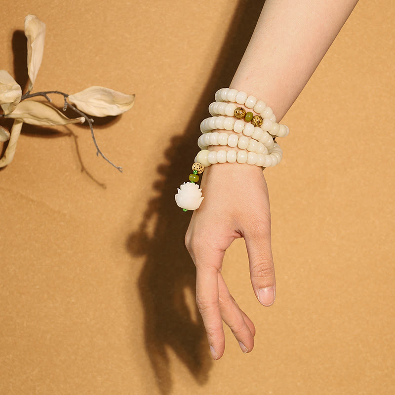 Buddha Stones White Jade Bodhi Lotus Mala Harmony Necklace Bracelet - image 5