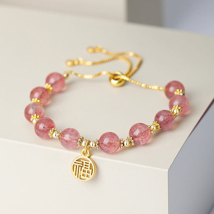 Buddha Stones 14K Gold Plated Natural Strawberry Quartz Fu Character Positive Charm Bracelet - image 3