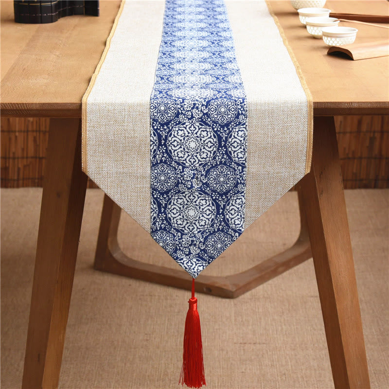 Buddha Stones Classic Chinese Style Lotus Koi Fish Flower Crane Calligraphy Enlightenment Cotton Linen Tassels Table Runner - Beige Blue And White Porcelain - 30*180cm - image 22