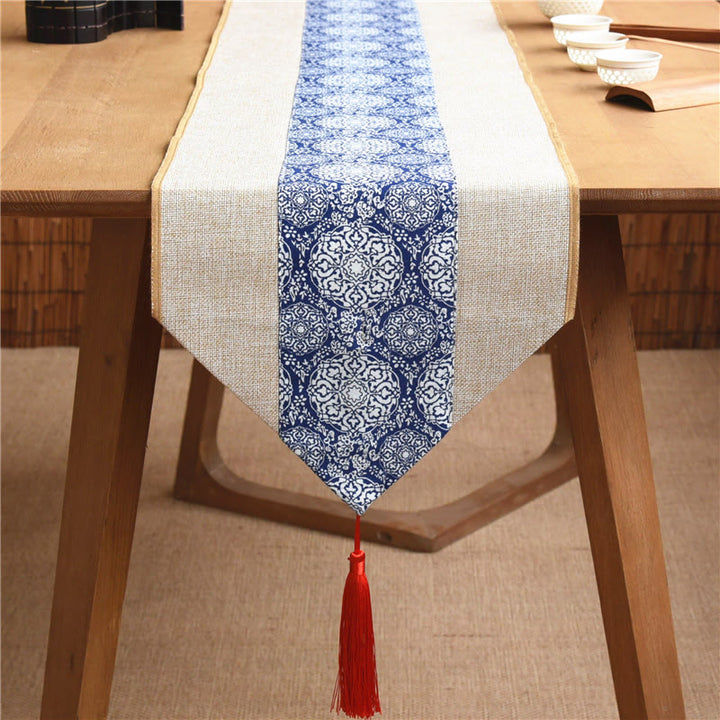Buddha Stones Classic Chinese Style Lotus Koi Fish Flower Crane Calligraphy Enlightenment Cotton Linen Tassels Table Runner - Beige Blue And White Porcelain - 30*180cm - image 22