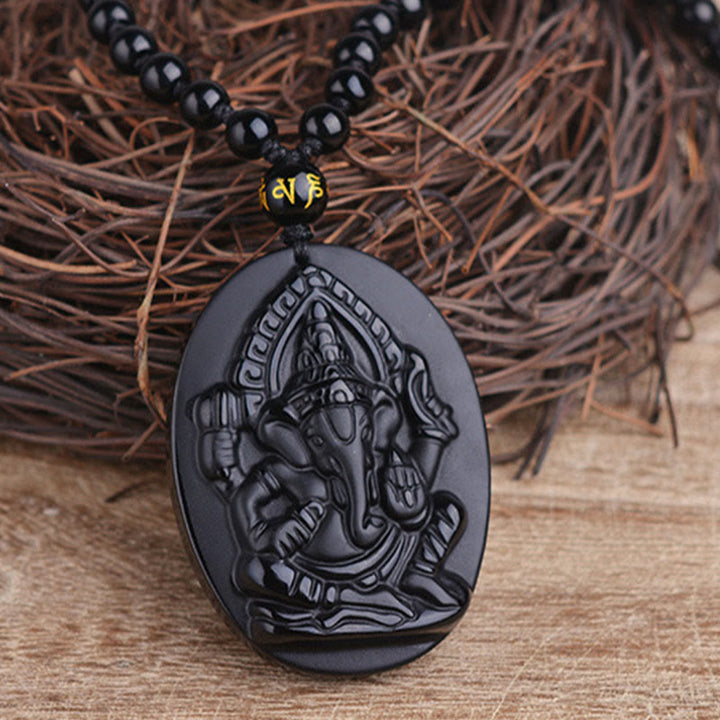 Buddha Stones Tibetan Obsidian Ganesh Ganpati Elephant Wealth Amulet Necklace - image 3