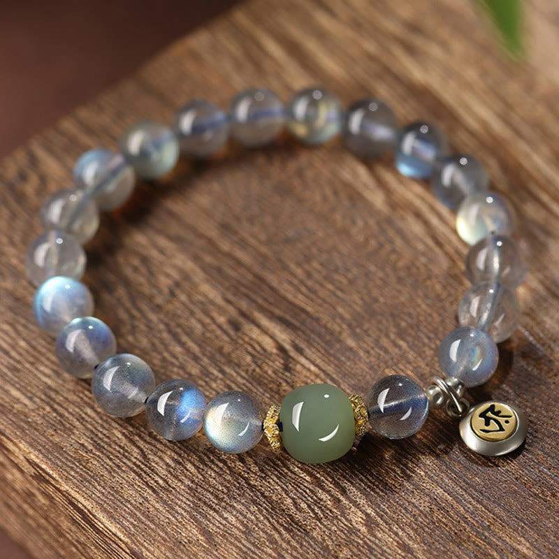Buddha Stones Chinese Zodiac Natal Buddha 925 Sterling Silver Natural Moonstone Hetian Jade Positive Bracelet - image 1
