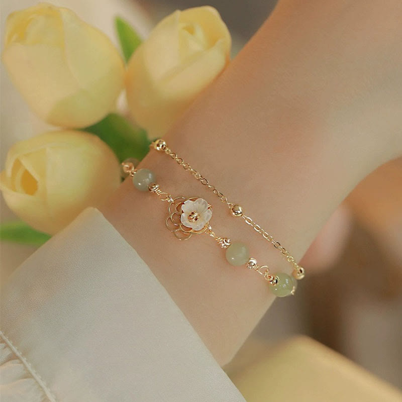 Buddha Stones 14K Gold Plated Jade Butterfly Tridacna Stone Flower Double Layer Luck Bracelet - Rose Flower Jade - image 10