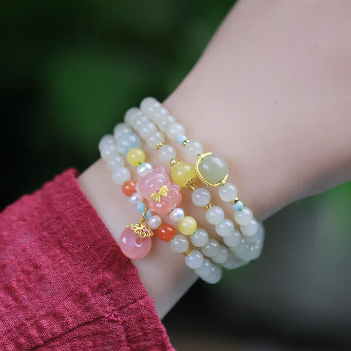 Buddha Stones Natural Hetian Jade Pink Crystal Peace Buckle Happiness Abundance Bracelet - image 2