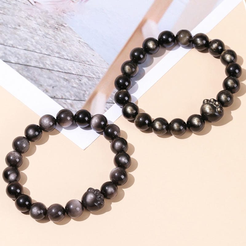Buddha Stones Natural Gold Sheen Obsidian Silver Sheen Obsidian Cute Cat Paw Claw Wealth Bracelet - image 10
