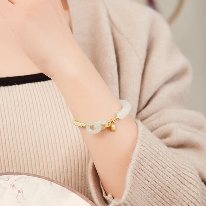 Buddha Stones Natural Hetian Jade Bead Double Peace Buckle Fu Character Abundance Braided Bracelet - image 21